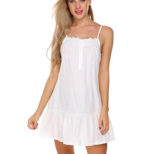 Cotton nightdress short. This elegant nightie features delicate spaghetti straps and lace detailing on the top. Its above the knee style with a pretty flounced hem, which makes this a lovely look for anyone. Breathable cotton, to help you sleep on those warm summer nights. (note: the small lace detailing on the trim, at  the top is not cotton)