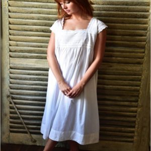 Ladies nighties UK. Treat yourself to our beautiful detailed broderie anglaise 100% white cotton nightdress. Pearl is an exquisite embroidered cotton cutwork with broderie anglaise designed detailing around the beautiful square neckline, hemline and the wide strapped sleeves. This is a truly captivating Victorian designed  nightdress.