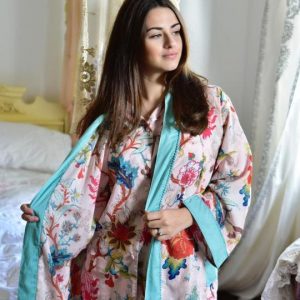 Ladies Dressing Gown. Pink Exotic Flower print gown is  made from beautiful 100% breathable cotton.