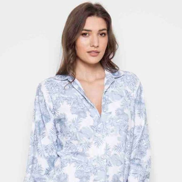 Womens Cotton Nightshirts, blue palm design, with subtle blue palm leaf print on a white back ground and contrasting pale pink satin trims and buttons