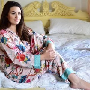 Cotton Pyjama, pink with pretty flowers, pale blue pom pom trim, long sleeves