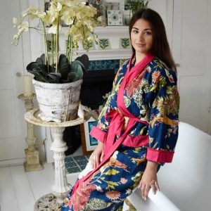 Womens dressing gown. Blue Carnation which is a wraparound gown and is slightly thicker than our other Jaipur designs. Better for the colder nights.